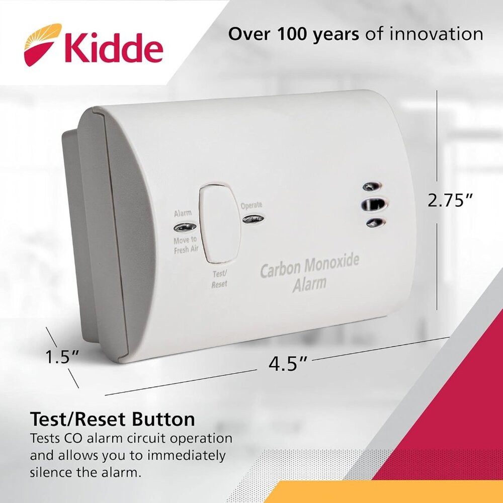 Kidde Carbon Monoxide Detector, Battery Powered CO Alarm with LEDs.